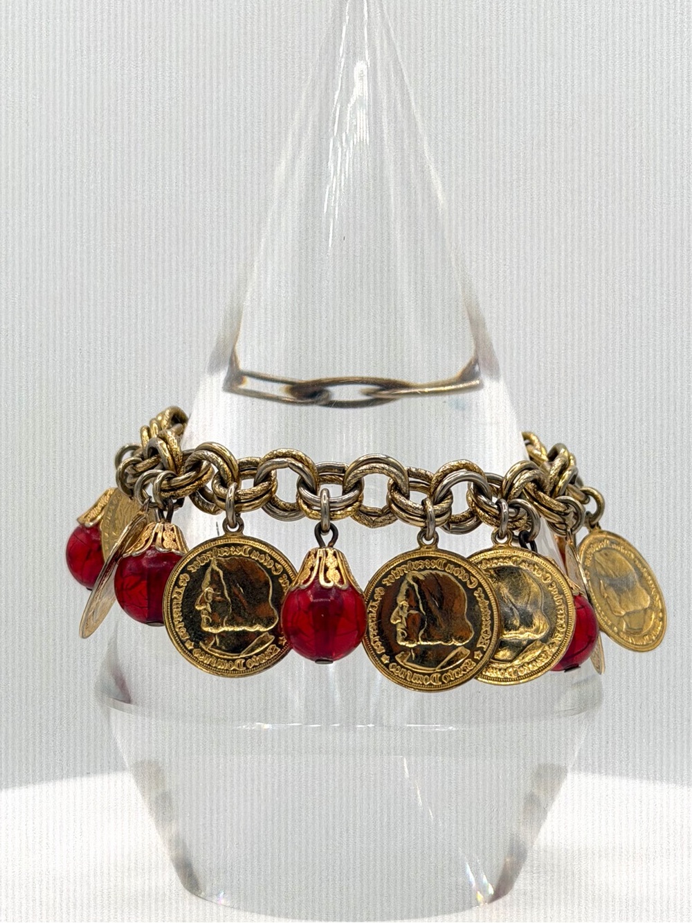 Vintage Gold Plated Coin Charms Red Glass Beaded Bracelet Woman’s Jewelry